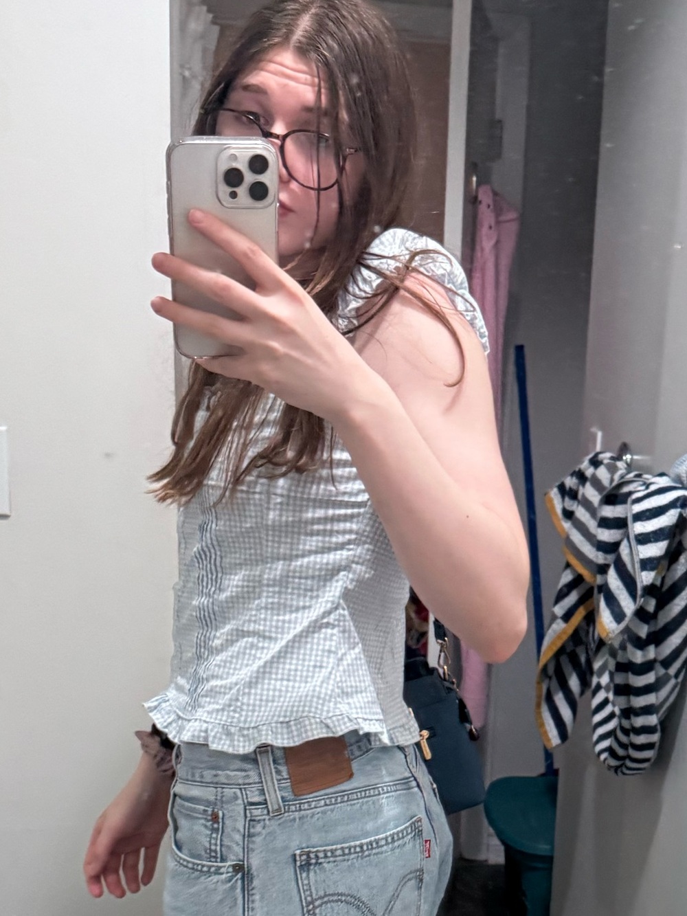 Light Blue Gingham Ruffle Cap-Sleeve Top